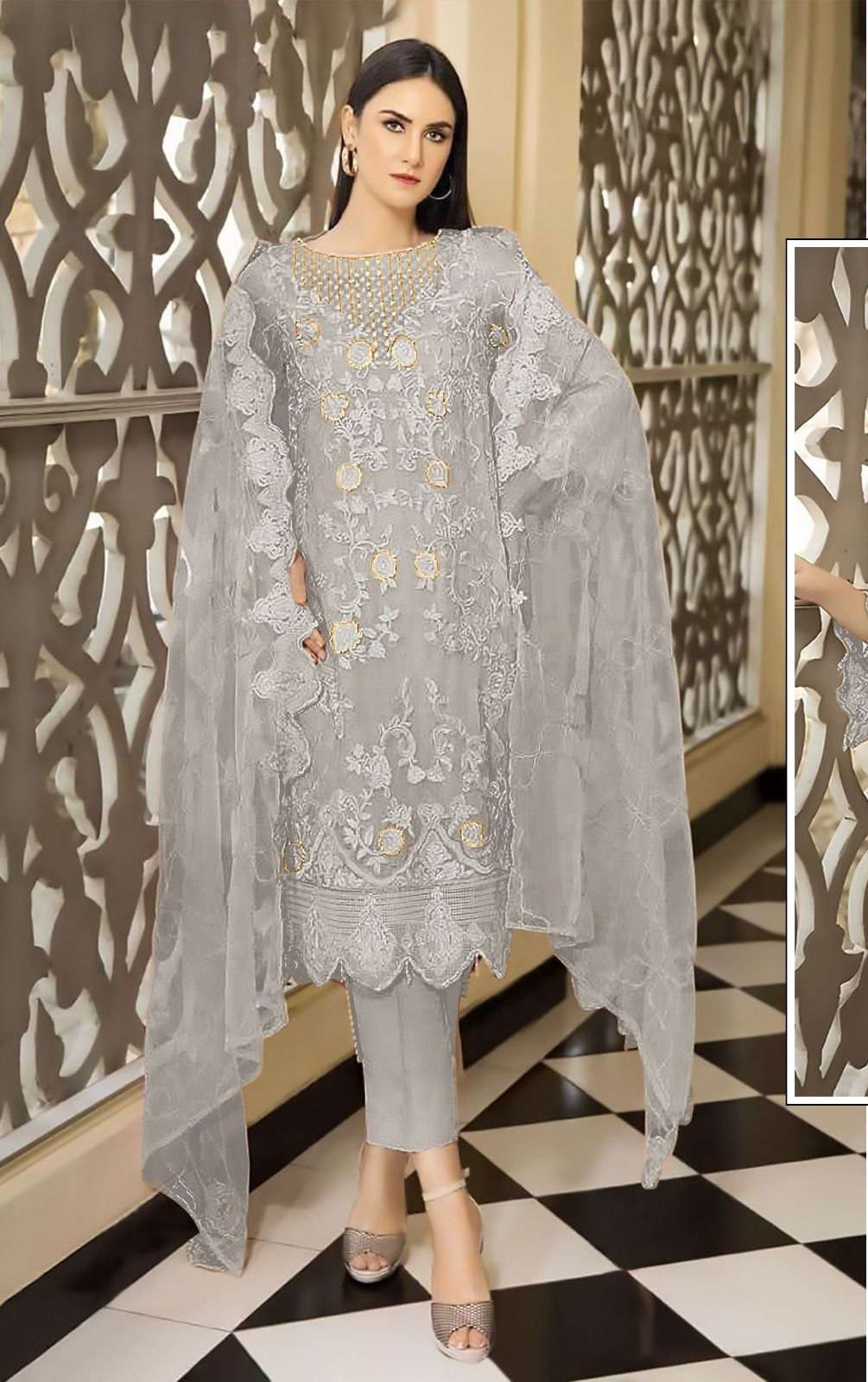 DESIGNER FANCY WEDDING PARTY WEAR FAUX GEORGETTE STRAIGHT GREY INDIAN PAKISTANI SALWAR SUIT SRH 1053C COLOR