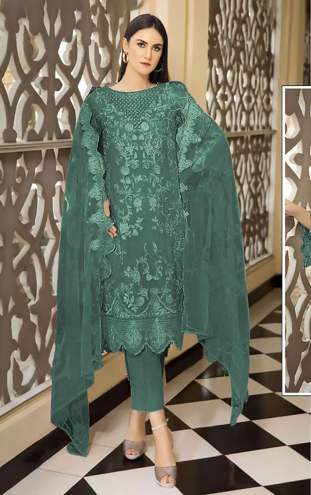 DESIGNER FANCY WEDDING PARTY WEAR FAUX GEORGETTE STRAIGHT GREEN INDIAN PAKISTANI SALWAR SUIT SRH 1053F COLOR