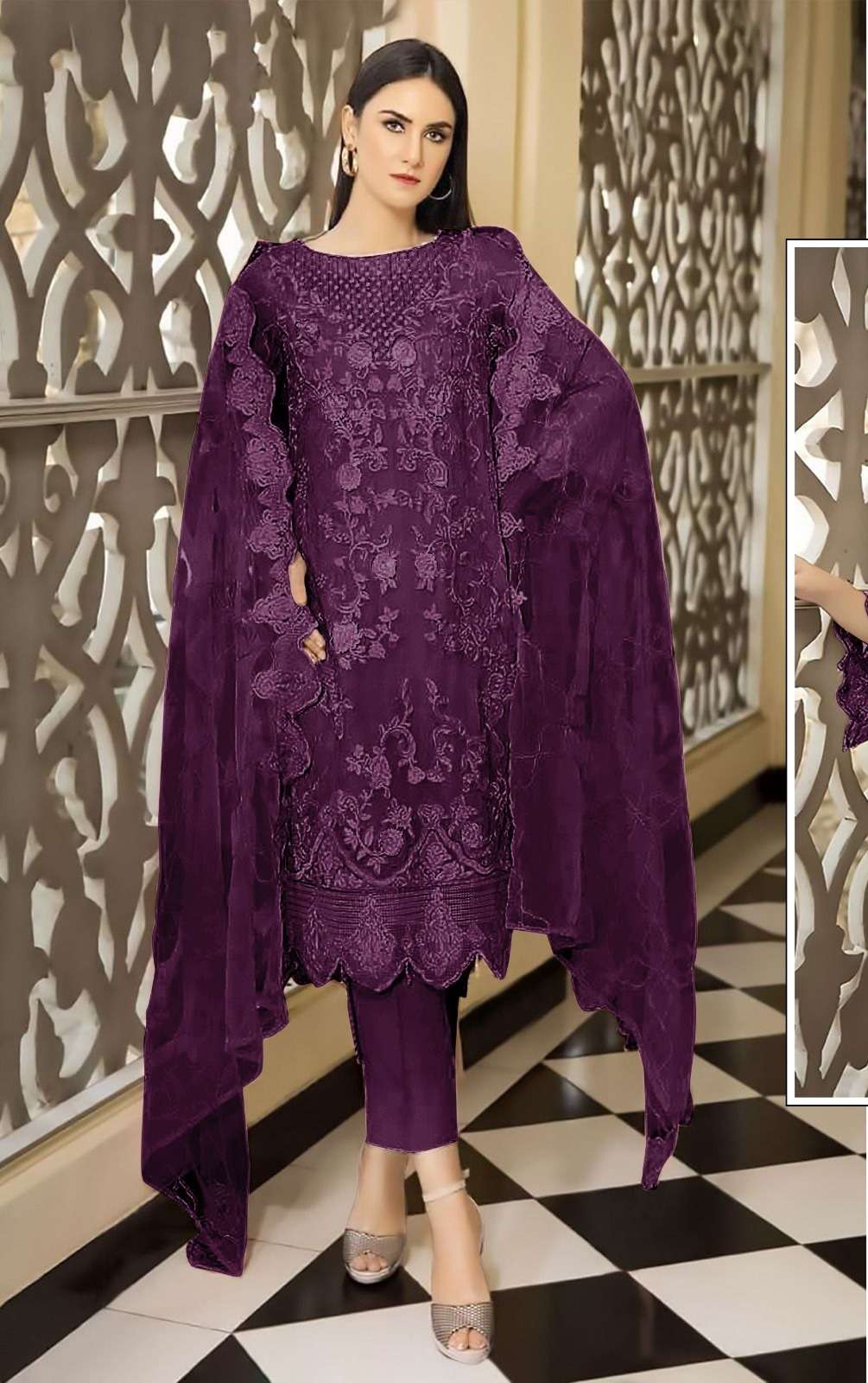 DESIGNER FANCY WEDDING PARTY WEAR FAUX GEORGETTE STRAIGHT WINE INDIAN PAKISTANI SALWAR SUIT SRH 1053J COLOR