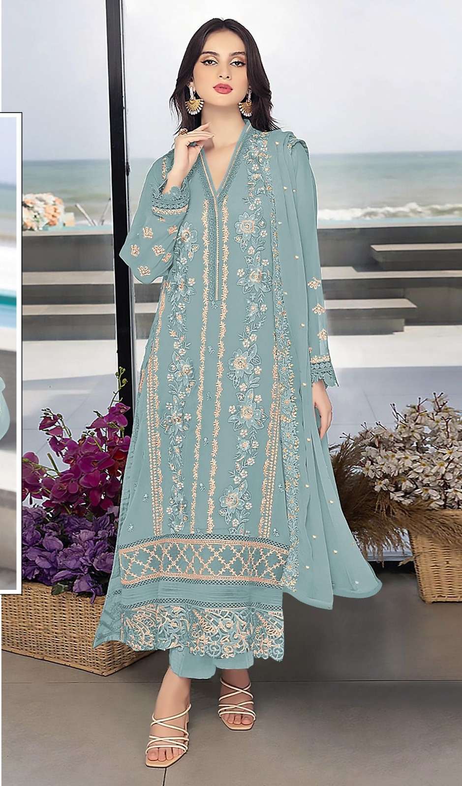 DESIGNER FANCY WEDDING PARTY WEAR FAUX GEORGETTE STRAIGHT SKY BLUE INDIAN PAKISTANI SALWAR SUIT SRH 1057B