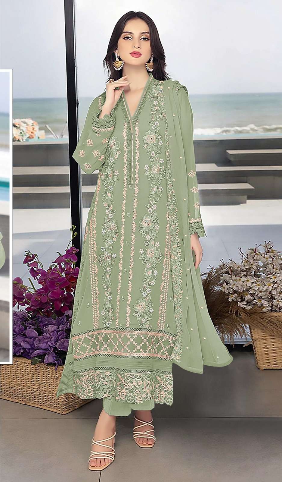 DESIGNER FANCY WEDDING PARTY WEAR FAUX GEORGETTE STRAIGHT GREEN INDIAN PAKISTANI SALWAR SUIT SRH 1057D