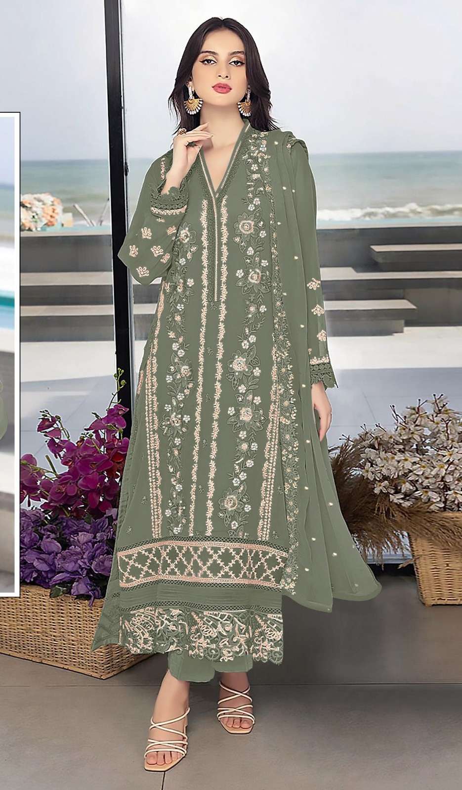 DESIGNER FANCY WEDDING PARTY WEAR FAUX GEORGETTE STRAIGHT GREEN INDIAN PAKISTANI SALWAR SUIT SRH 1057H