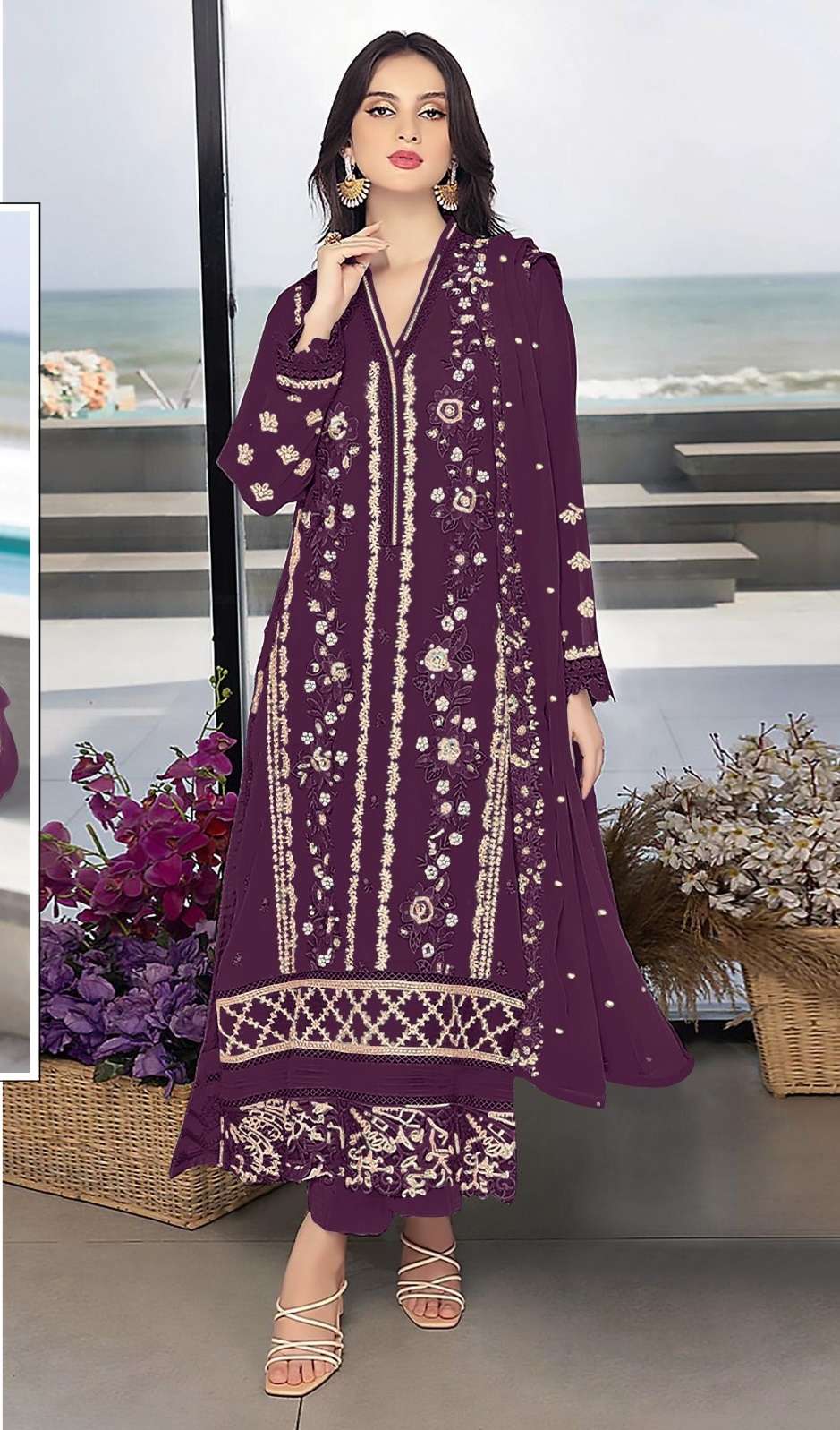 DESIGNER FANCY WEDDING PARTY WEAR FAUX GEORGETTE STRAIGHT WINE INDIAN PAKISTANI SALWAR SUIT SRH 1057I