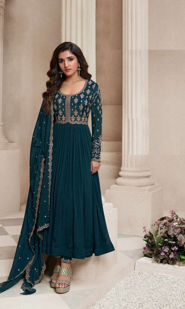 DESIGNER FANCY WEDDING PARTY WEAR GREEN BLUE CHINON SILK NAYRA CUT SALWAR SUIT ONLINE NVN VINAY SABINA 66571