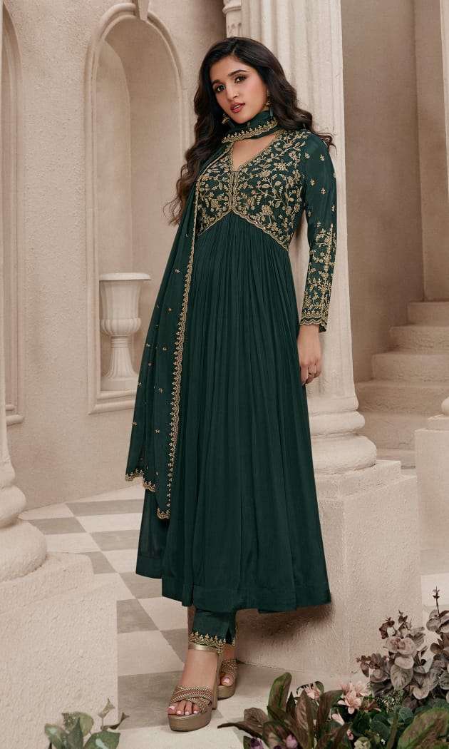 DESIGNER FANCY WEDDING PARTY WEAR GREEN CHINON SILK NAYRA CUT SALWAR SUIT ONLINE NVN VINAY SABINA 66573