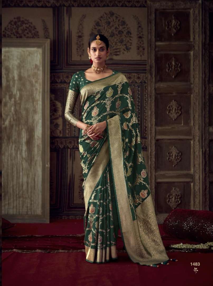 DESIGNER FANCY WEDDING PARTY WEAR GREEN INDIAN CREPE SILK SAREE SM KM ROOPKALA 1483