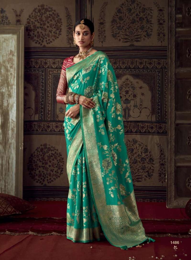 DESIGNER FANCY WEDDING PARTY WEAR GREEN INDIAN CREPE SILK SAREE SM KM ROOPKALA 1486