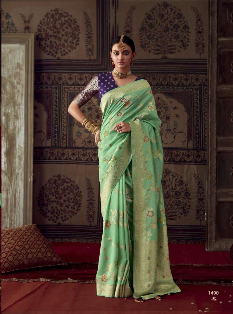 DESIGNER FANCY WEDDING PARTY WEAR GREEN INDIAN CREPE SILK SAREE SM KM ROOPKALA 1490