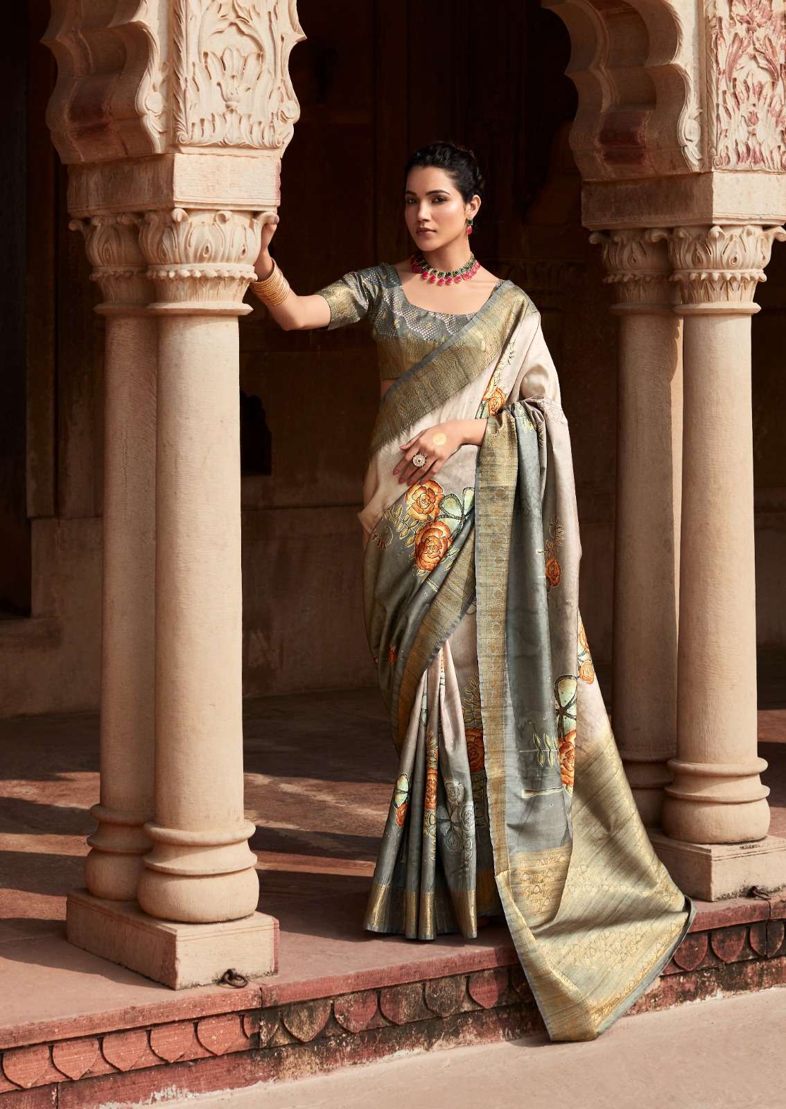 DESIGNER FANCY WEDDING PARTY WEAR GREY INDIAN SILK SAREE SM RJPT KAVYA 250002