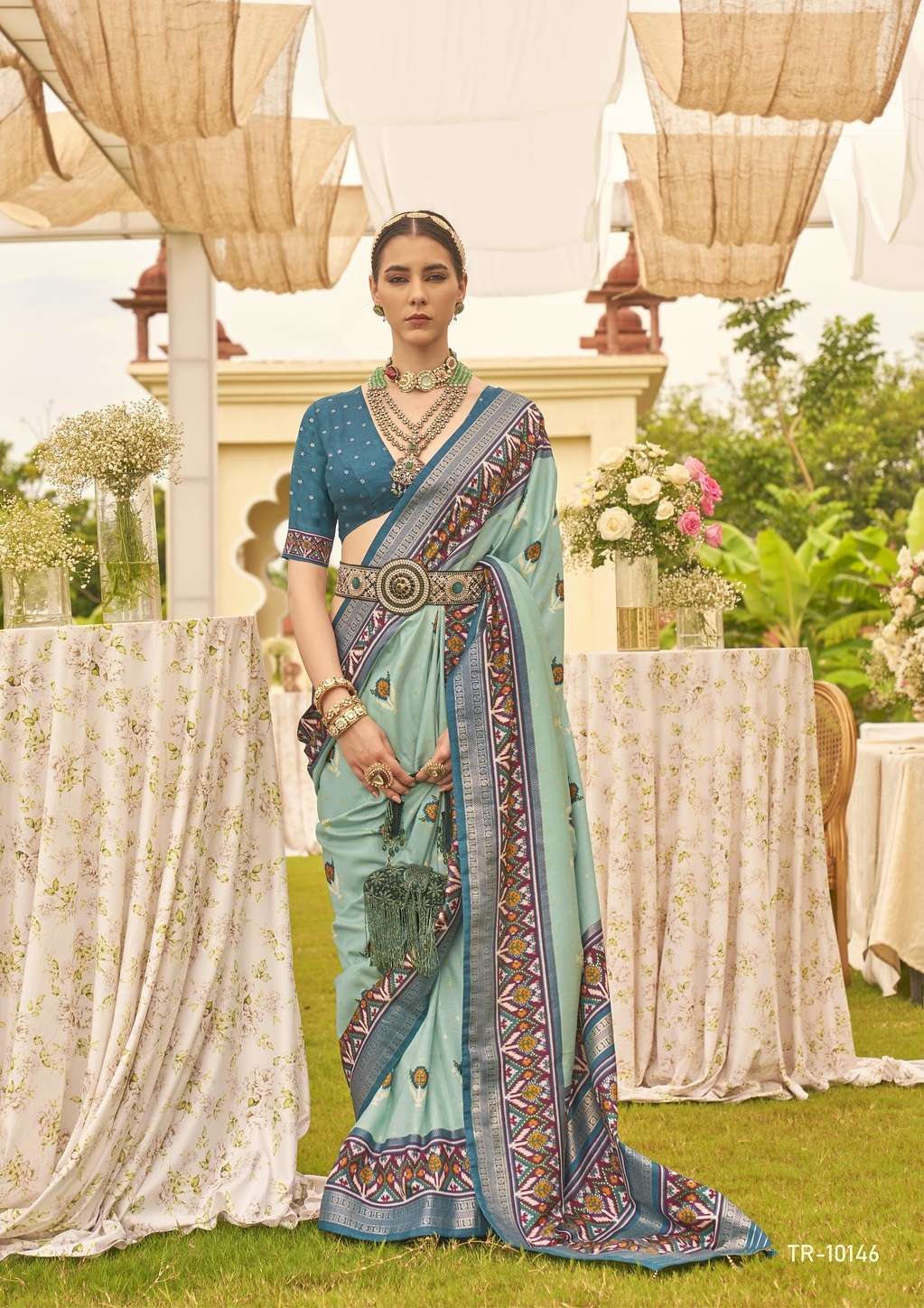 DESIGNER FANCY WEDDING PARTY WEAR INDIAN BANARASI SILK GREEN SAREE ONLINE SM TRIRATH VIVAH 10146