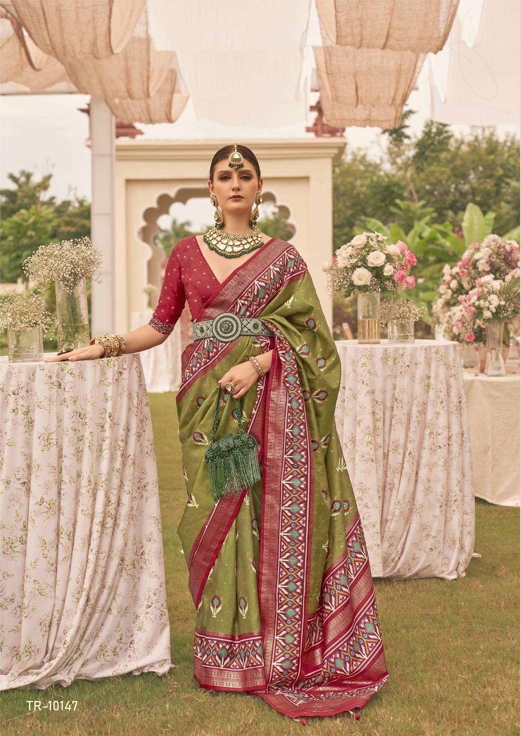 DESIGNER FANCY WEDDING PARTY WEAR INDIAN BANARASI SILK GREEN SAREE ONLINE SM TRIRATH VIVAH 10147