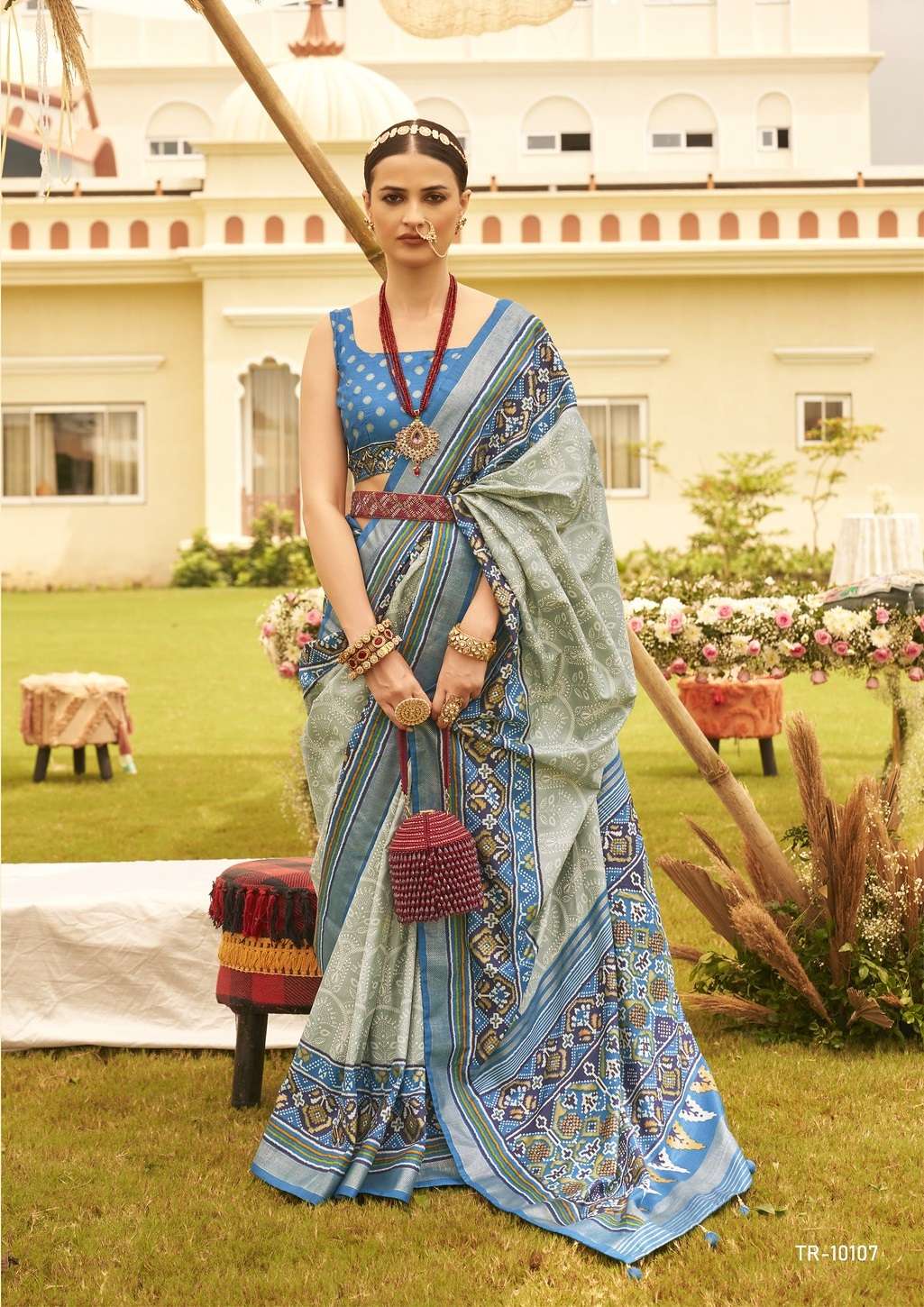 DESIGNER FANCY WEDDING PARTY WEAR INDIAN BLUE BANARASI PATOLA SILK SAREE ONLINE SM TRIRATH MAHENDI 10107