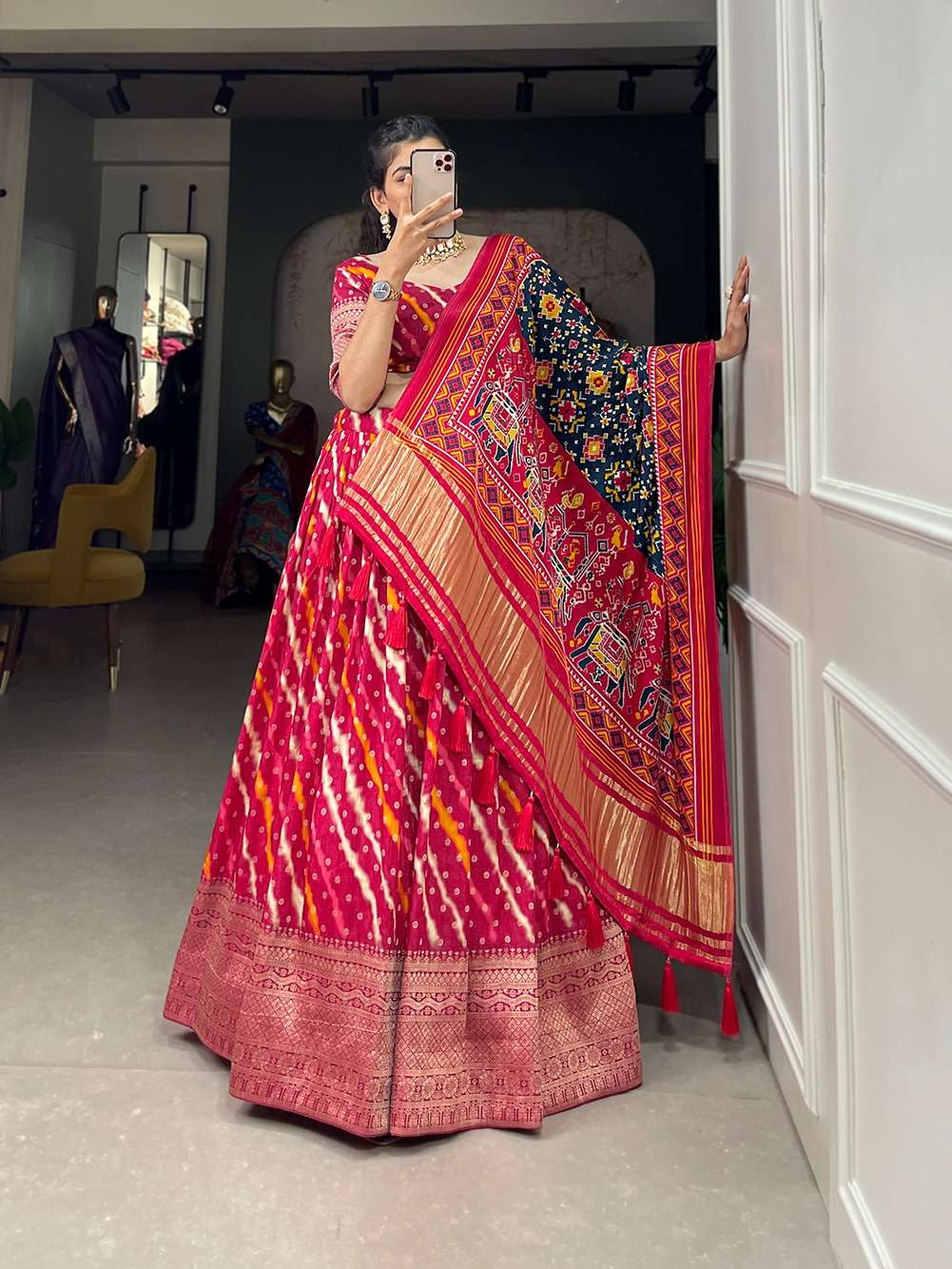 DESIGNER FANCY WEDDING PARTY WEAR INDIAN DARK RED LEHENGA CHOLI WITH BANDHEJ DUPATTA COLLECTION PC 2007