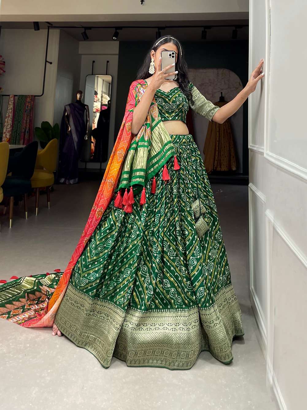 Green Silk Swastika And Elephant Design worked Lehenga with Bandhej Du –  Sakhi Selection USA