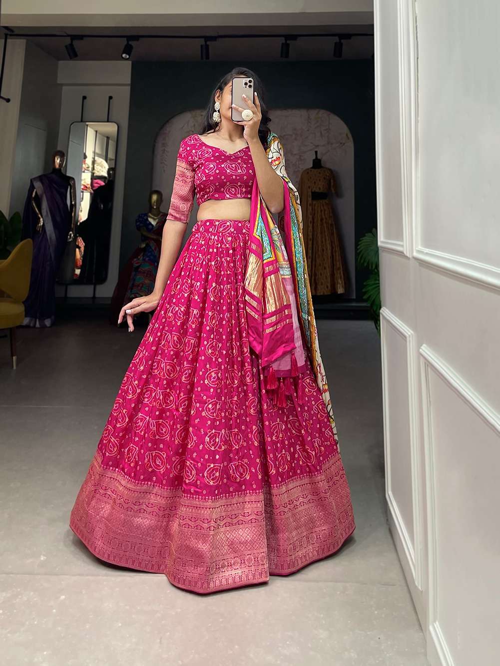 DESIGNER FANCY WEDDING PARTY WEAR INDIAN PINK LEHENGA CHOLI WITH BANDHEJ DUPATTA COLLECTION PC 2007