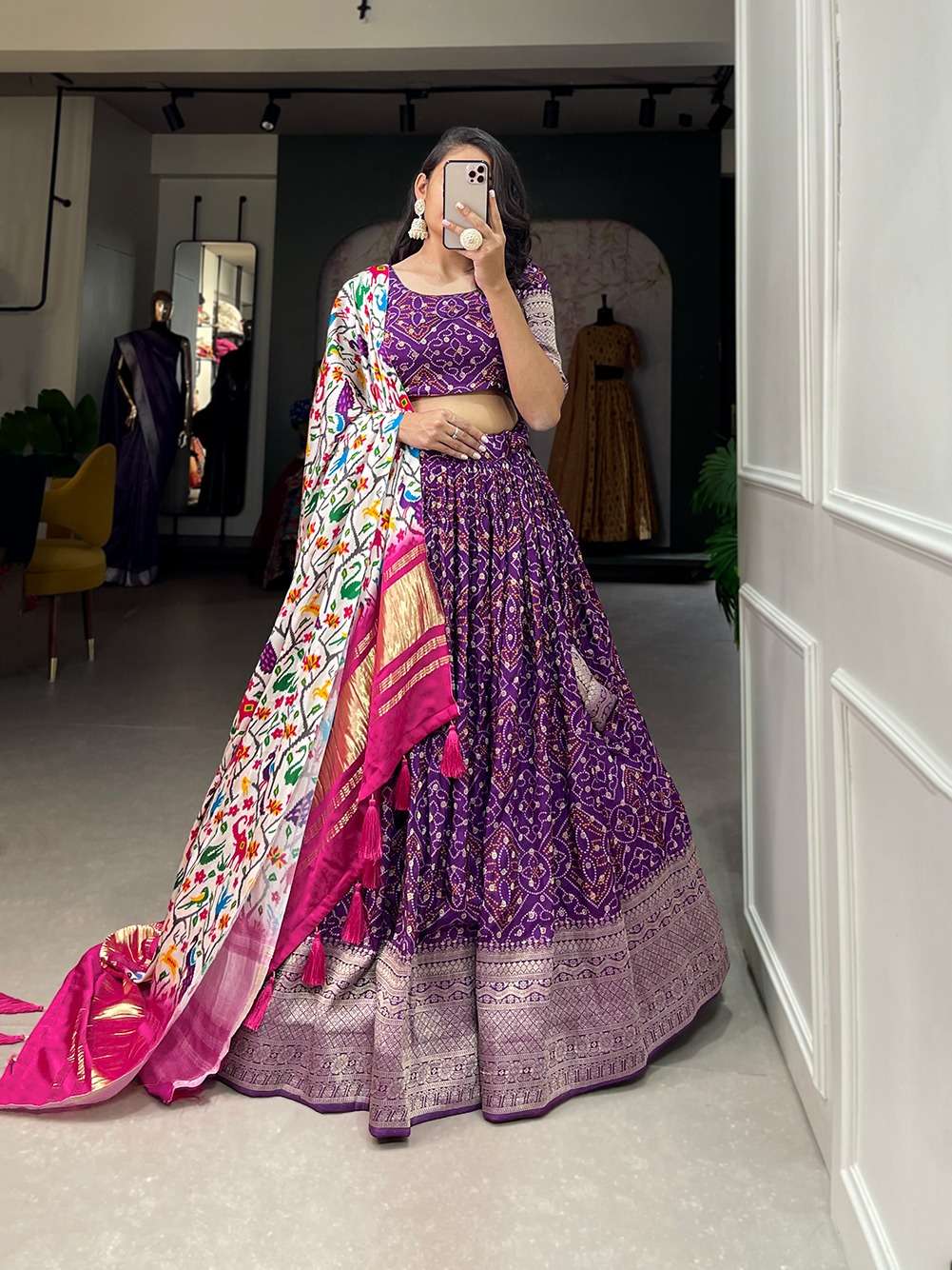 DESIGNER FANCY WEDDING PARTY WEAR INDIAN PURPLE LEHENGA CHOLI WITH BANDHEJ DUPATTA COLLECTION PC 2007