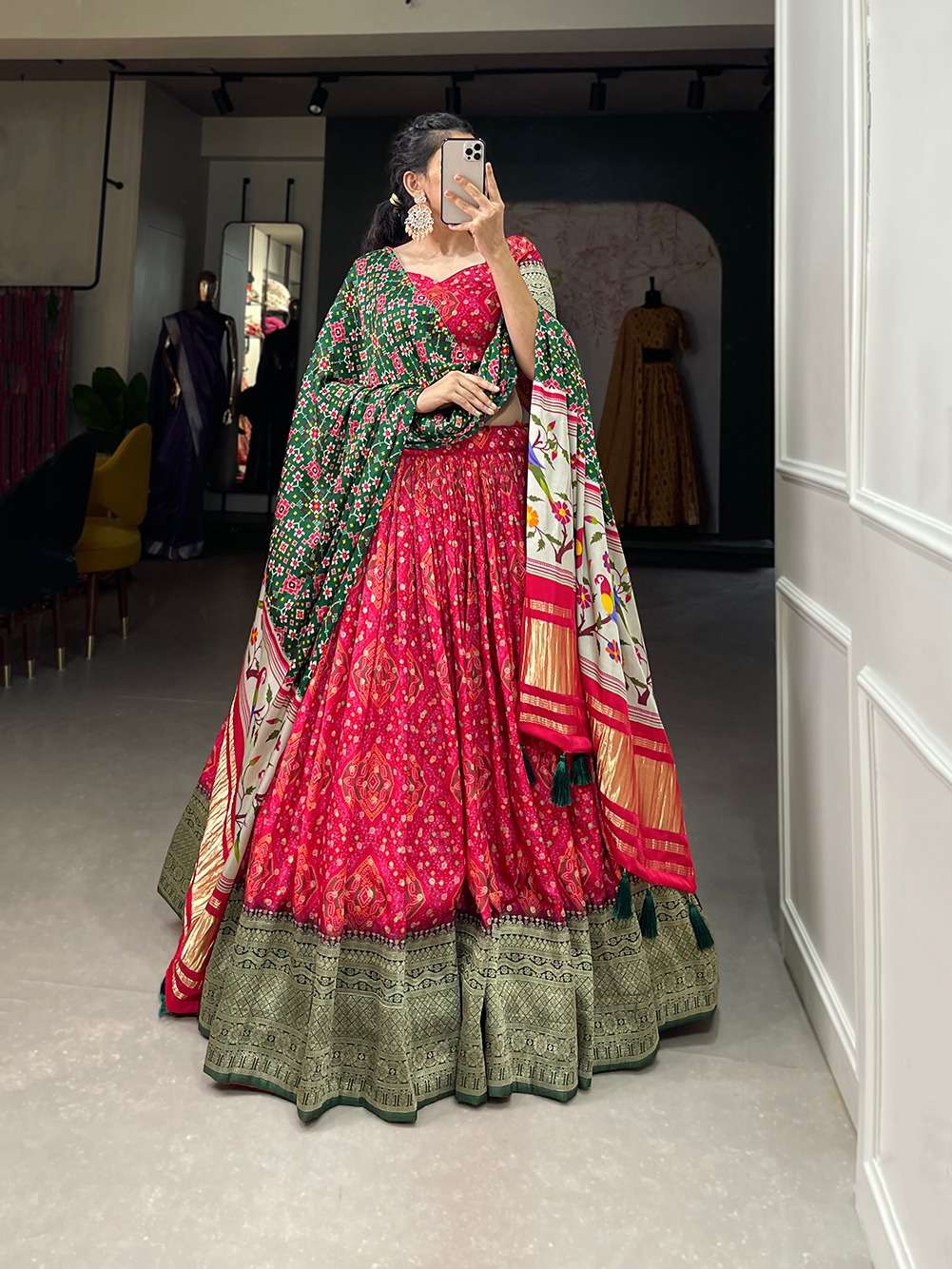 DESIGNER FANCY WEDDING PARTY WEAR INDIAN RED LEHENGA CHOLI WITH BANDHEJ DUPATTA COLLECTION PC 2007