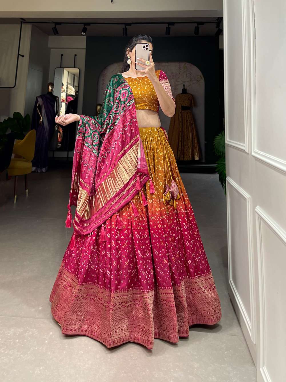 DESIGNER FANCY WEDDING PARTY WEAR INDIAN YELLOW LEHENGA CHOLI WITH BANDHEJ DUPATTA COLLECTION PC 2007