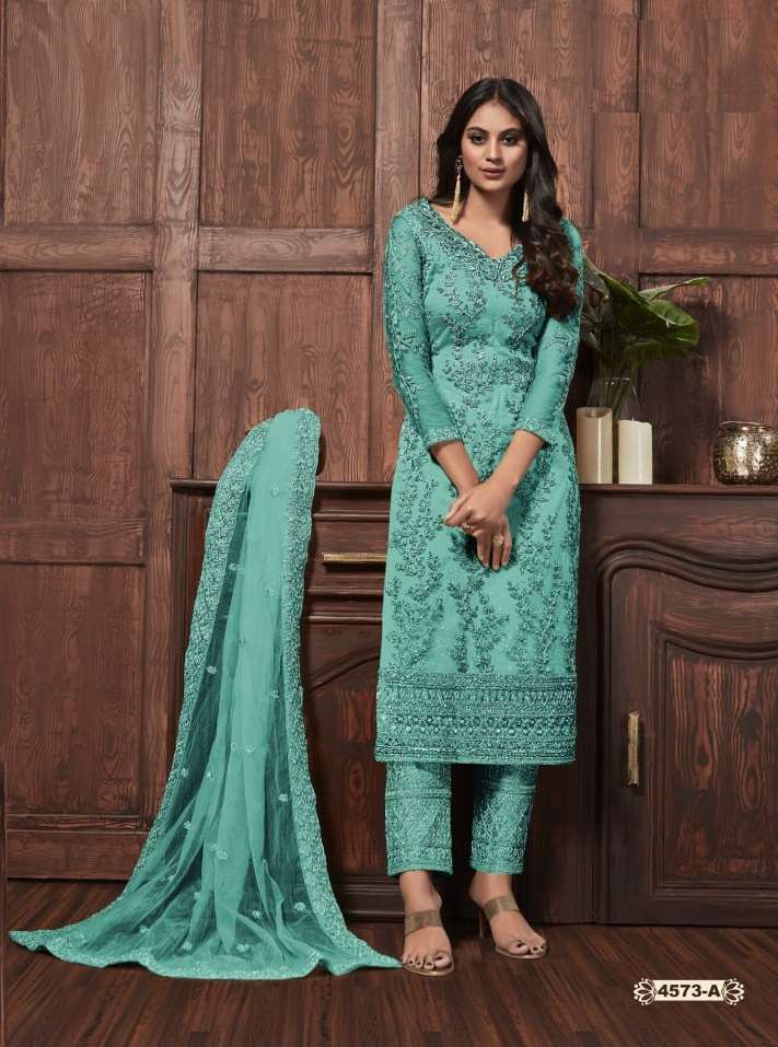 DESIGNER FANCY WEDDING PARTY WEAR NET FABRIC STRAIGHT SKY BLUE INDIAN PAKISTANI SALWAR SUIT JG 4573A