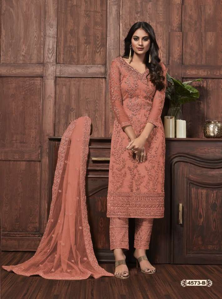 DESIGNER FANCY WEDDING PARTY WEAR NET FABRIC STRAIGHT ORANGE INDIAN PAKISTANI SALWAR SUIT JG 4573B