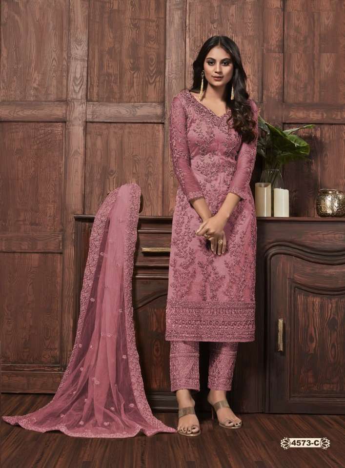 DESIGNER FANCY WEDDING PARTY WEAR NET FABRIC STRAIGHT PINK INDIAN PAKISTANI SALWAR SUIT JG 4573C