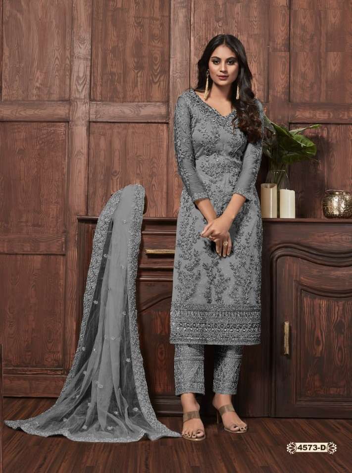 DESIGNER FANCY WEDDING PARTY WEAR NET FABRIC STRAIGHT GREY INDIAN PAKISTANI SALWAR SUIT JG 4573D