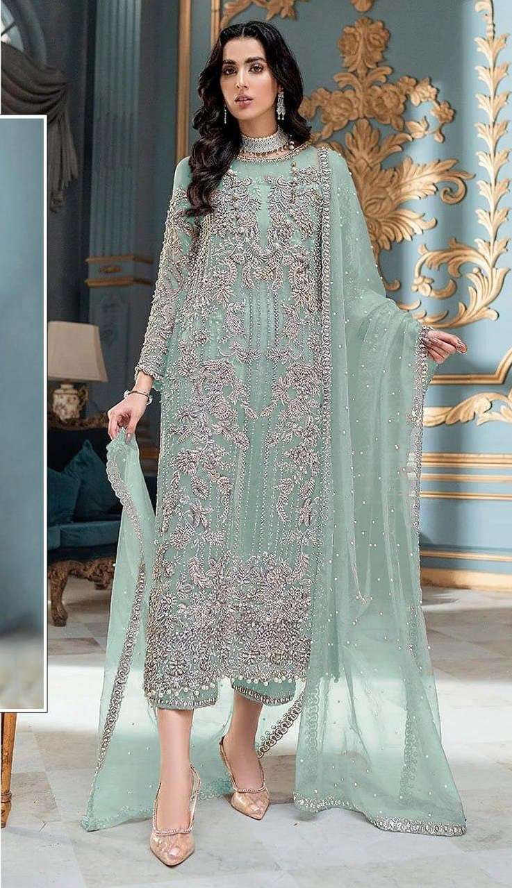 DESIGNER FANCY WEDDING PARTY WEAR NET FABRIC STRAIGHT INDIAN PAKISTANI GREEN SALWAR SUIT JG 4111 A