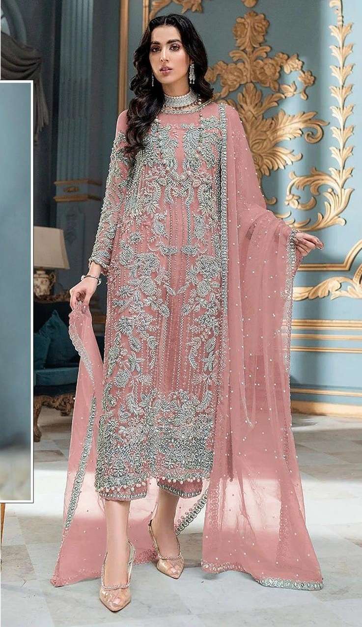 DESIGNER FANCY WEDDING PARTY WEAR NET FABRIC STRAIGHT INDIAN PAKISTANI PEACE SALWAR SUIT JG 4111 B