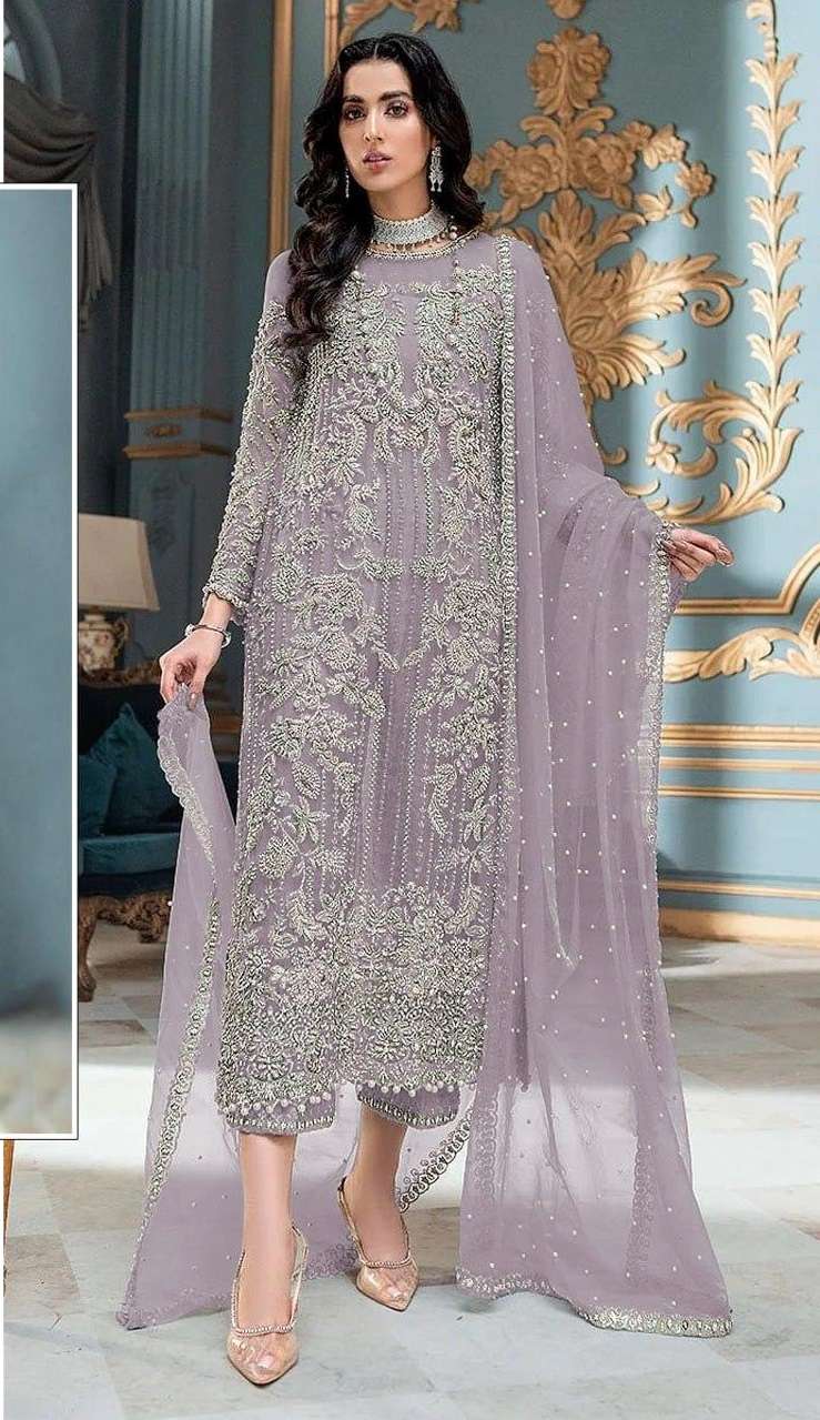 DESIGNER FANCY WEDDING PARTY WEAR NET FABRIC STRAIGHT INDIAN PAKISTANI LAVENDER SALWAR SUIT JG 4111 C