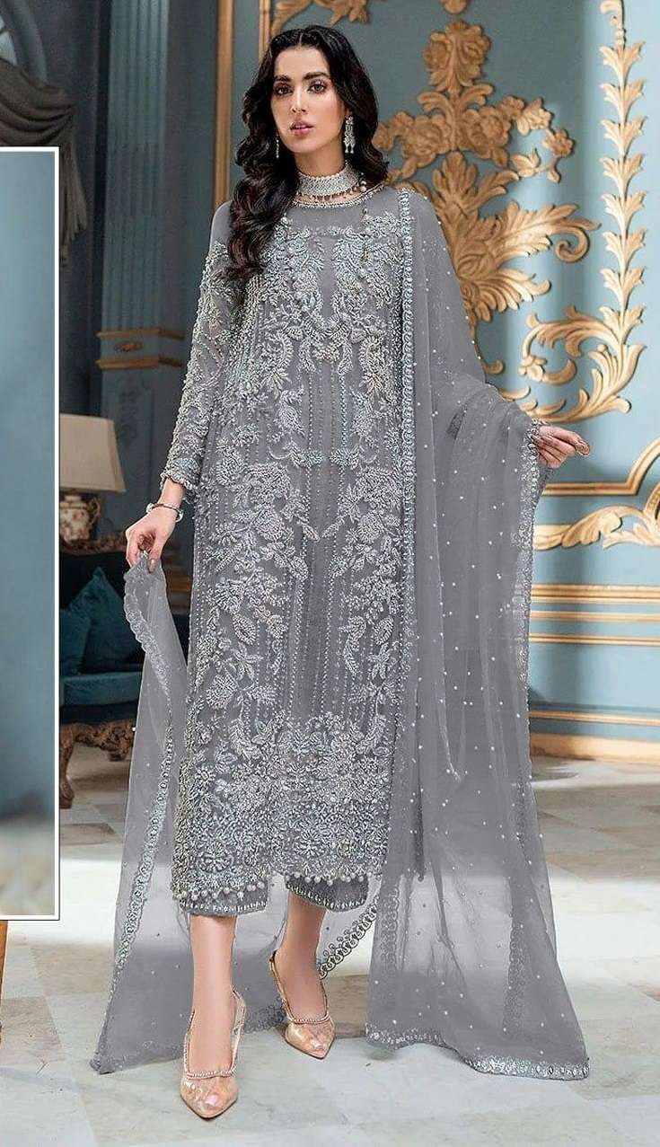 DESIGNER FANCY WEDDING PARTY WEAR NET FABRIC STRAIGHT INDIAN PAKISTANI GREY SALWAR SUIT JG 4111 D