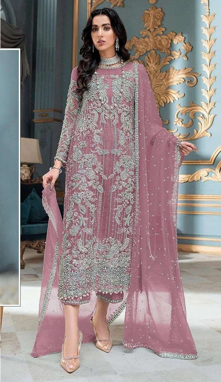 DESIGNER FANCY WEDDING PARTY WEAR NET FABRIC STRAIGHT INDIAN PAKISTANI DEEP PINK SALWAR SUIT JG 4111 E