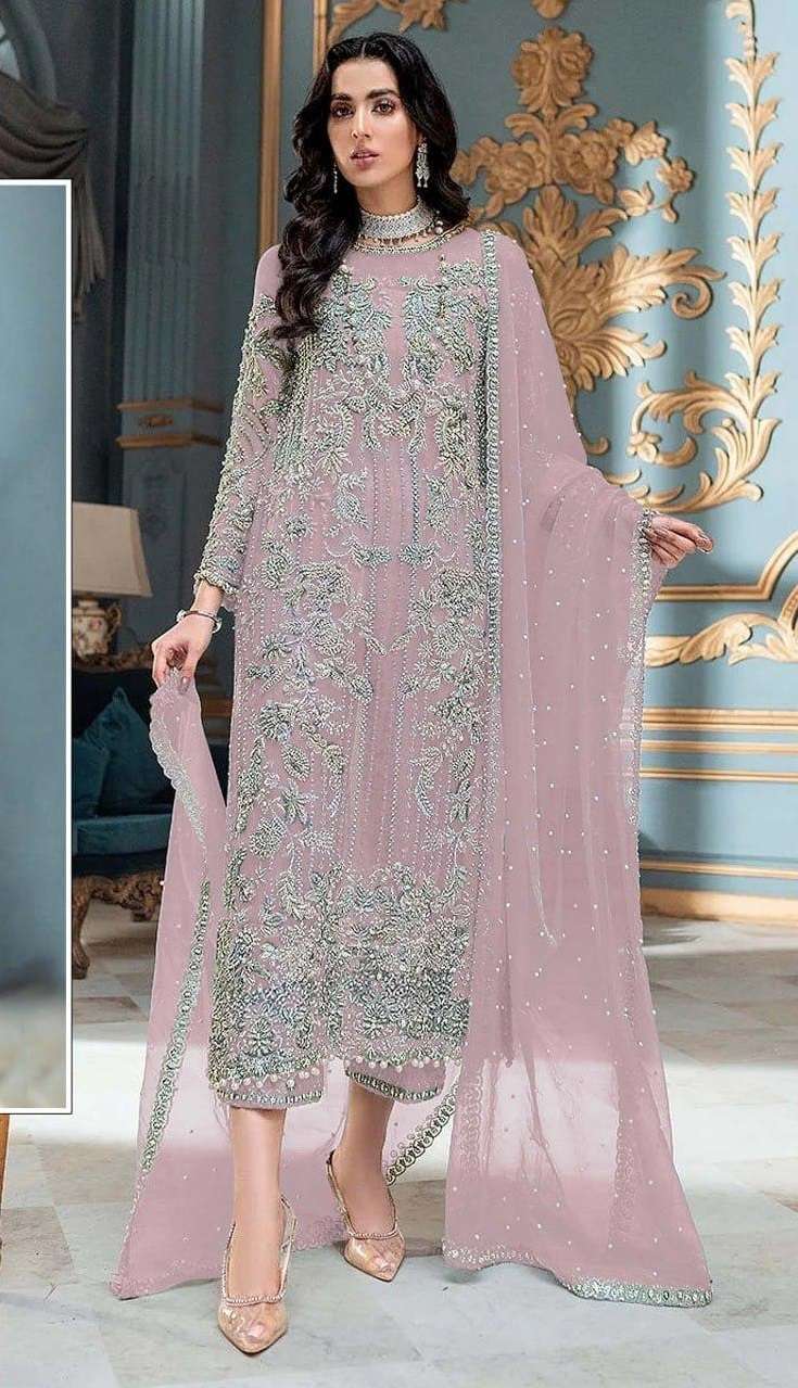 DESIGNER FANCY WEDDING PARTY WEAR NET FABRIC STRAIGHT INDIAN PAKISTANI LIGHT PINK SALWAR SUIT JG 4111 G