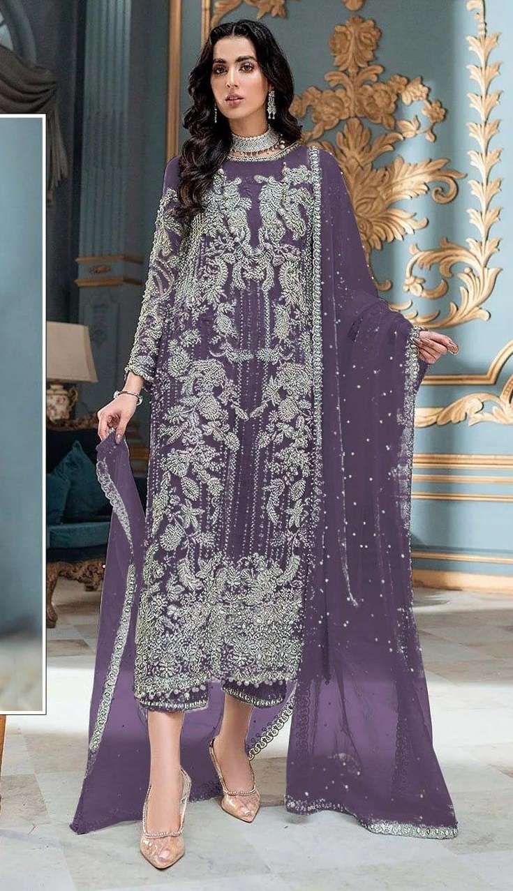 DESIGNER FANCY WEDDING PARTY WEAR NET FABRIC STRAIGHT INDIAN PAKISTANI PURPLE SALWAR SUIT JG 4111 H