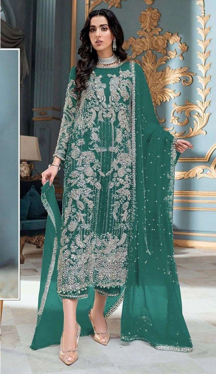 DESIGNER FANCY WEDDING PARTY WEAR NET FABRIC STRAIGHT INDIAN PAKISTANI GREEN SALWAR SUIT JG 4111 I