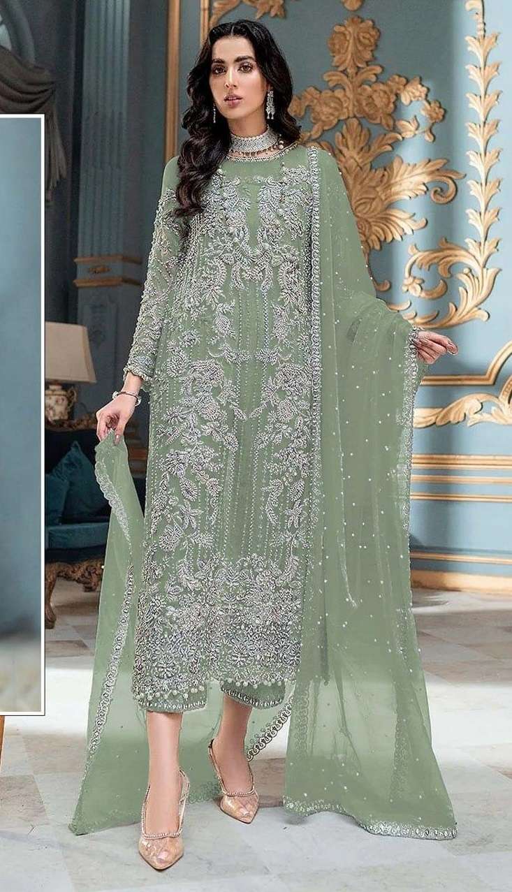 DESIGNER FANCY WEDDING PARTY WEAR NET FABRIC STRAIGHT INDIAN PAKISTANI GREEN SALWAR SUIT JG 4111 J