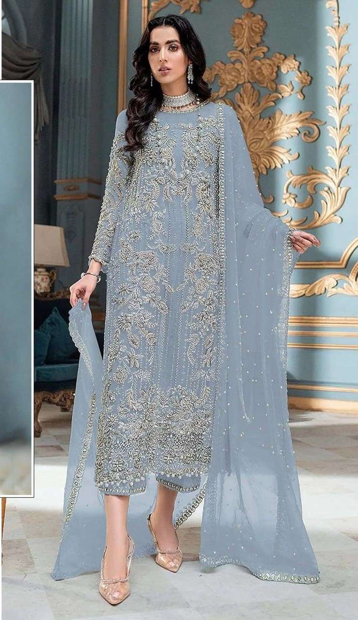 DESIGNER FANCY WEDDING PARTY WEAR NET FABRIC STRAIGHT INDIAN PAKISTANI GREY SALWAR SUIT JG 4111 K