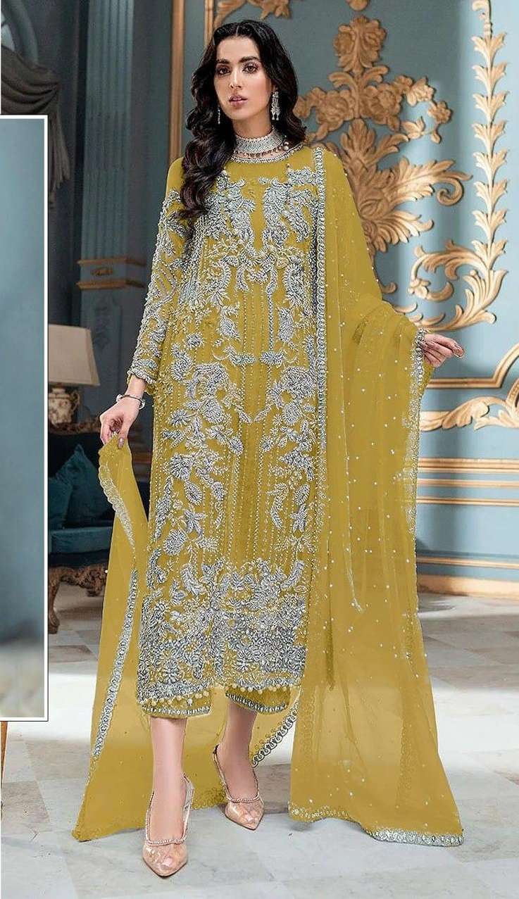 DESIGNER FANCY WEDDING PARTY WEAR NET FABRIC STRAIGHT INDIAN PAKISTANI YELLOW SALWAR SUIT JG 4111 L