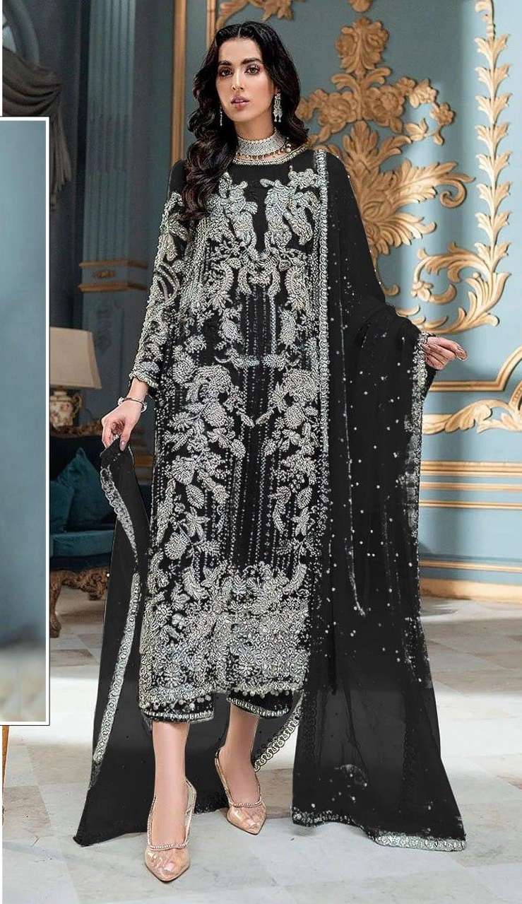 DESIGNER FANCY WEDDING PARTY WEAR NET FABRIC STRAIGHT INDIAN PAKISTANI BLACK SALWAR SUIT JG 4111 M