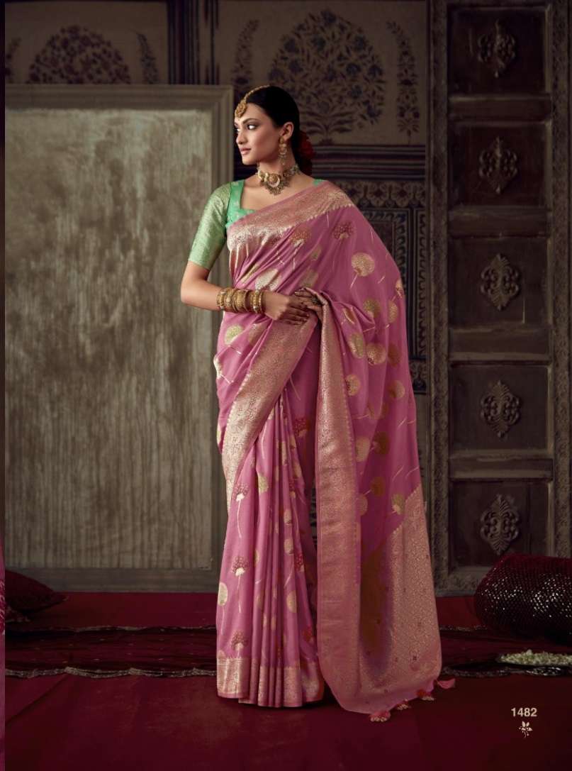 DESIGNER FANCY WEDDING PARTY WEAR PINK INDIAN CREPE SILK SAREE SM KM ROOPKALA 1482