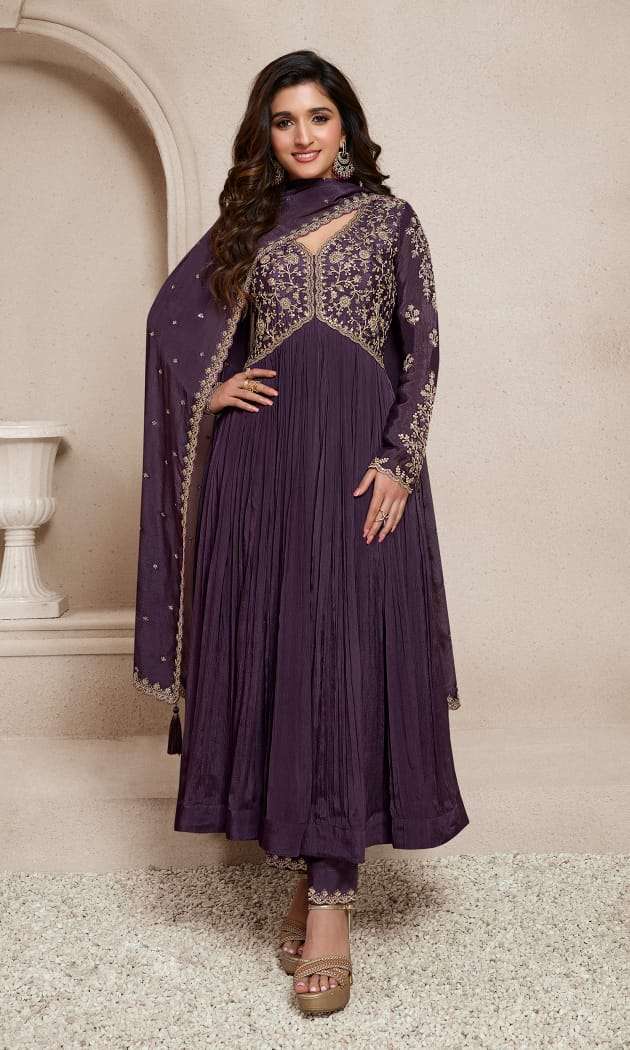 DESIGNER FANCY WEDDING PARTY WEAR PURPLE CHINON SILK NAYRA CUT SALWAR SUIT ONLINE NVN VINAY SABINA 66574