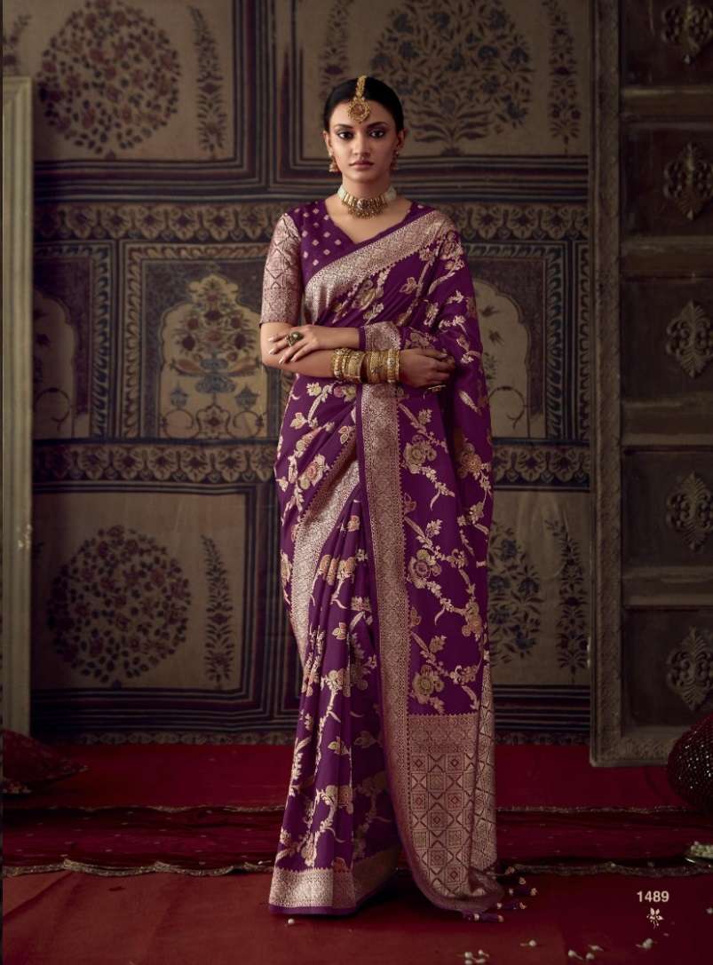 DESIGNER FANCY WEDDING PARTY WEAR PURPLE INDIAN CREPE SILK SAREE SM KM ROOPKALA 1489