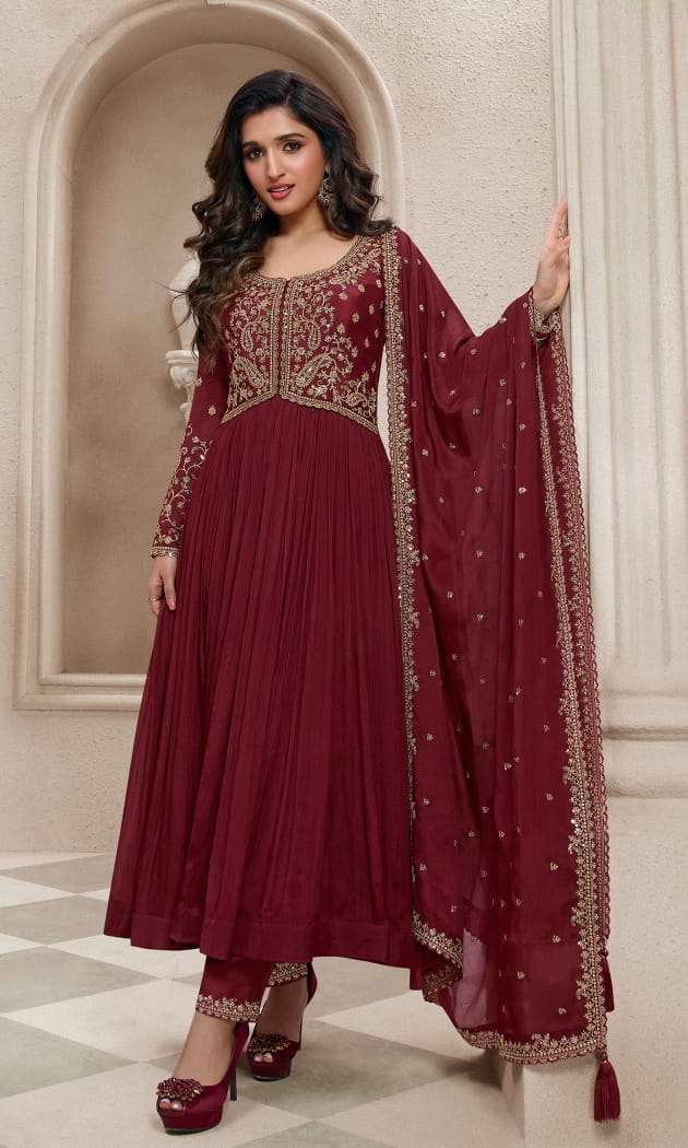 DESIGNER FANCY WEDDING PARTY WEAR RED CHINON SILK NAYRA CUT SALWAR SUIT ONLINE NVN VINAY SABINA 66576