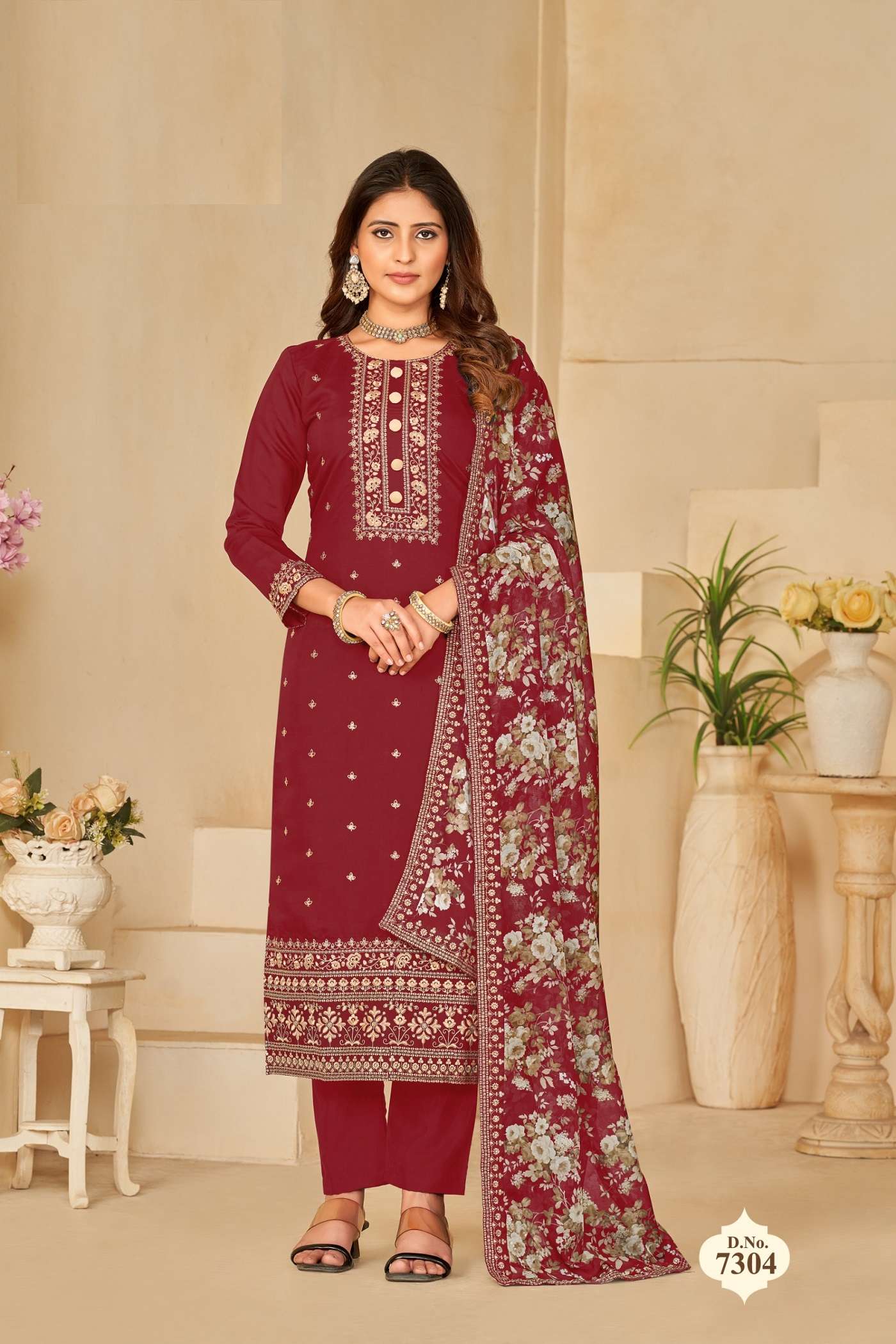 DESIGNER FANCY WEDDING PARTY WEAR SILK RED SALWAR SUIT WITH ORGANZA DUPATTA ANY 7304