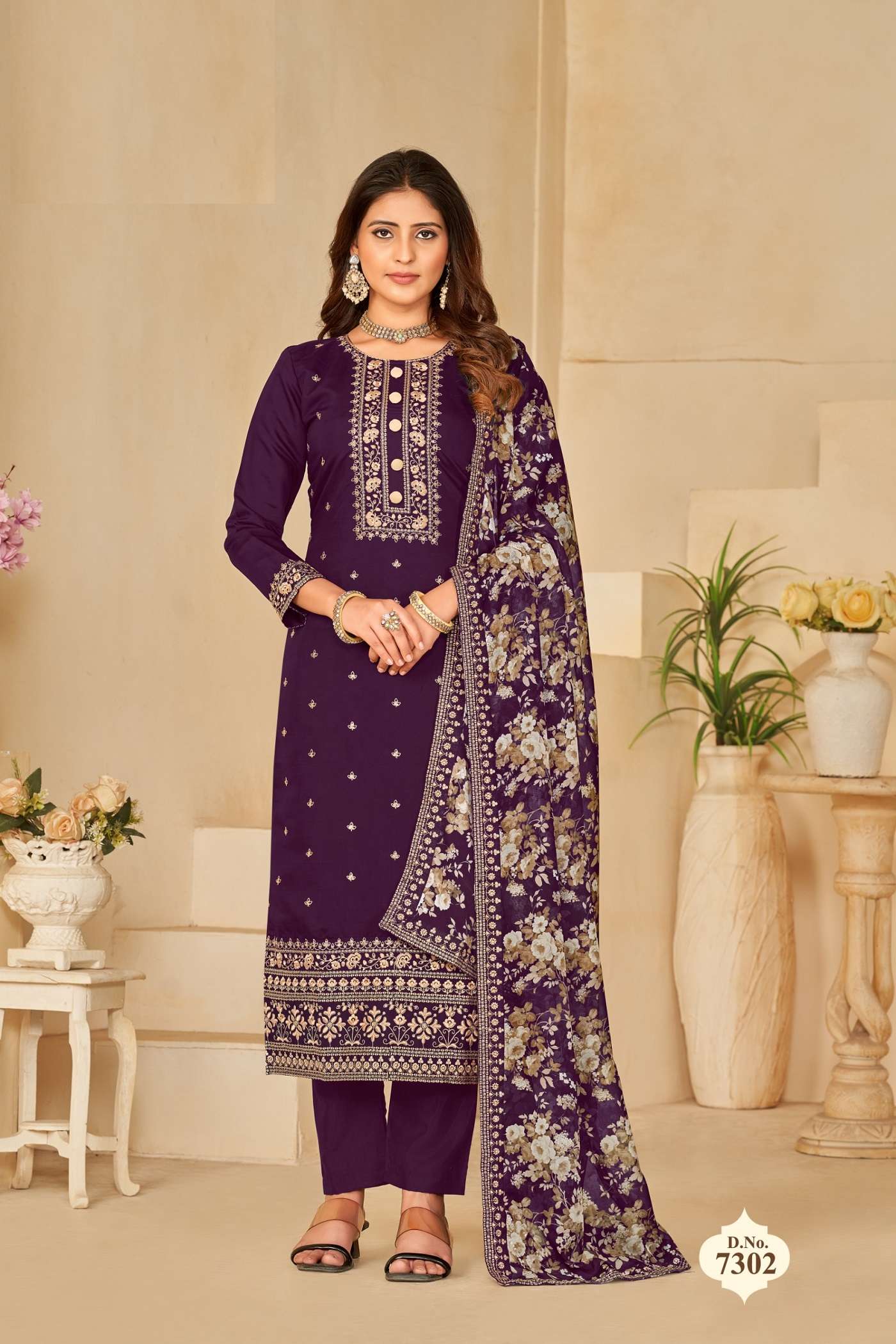 DESIGNER FANCY WEDDING PARTY WEAR SILK WINE SALWAR SUIT WITH ORGANZA DUPATTA ANY 7302