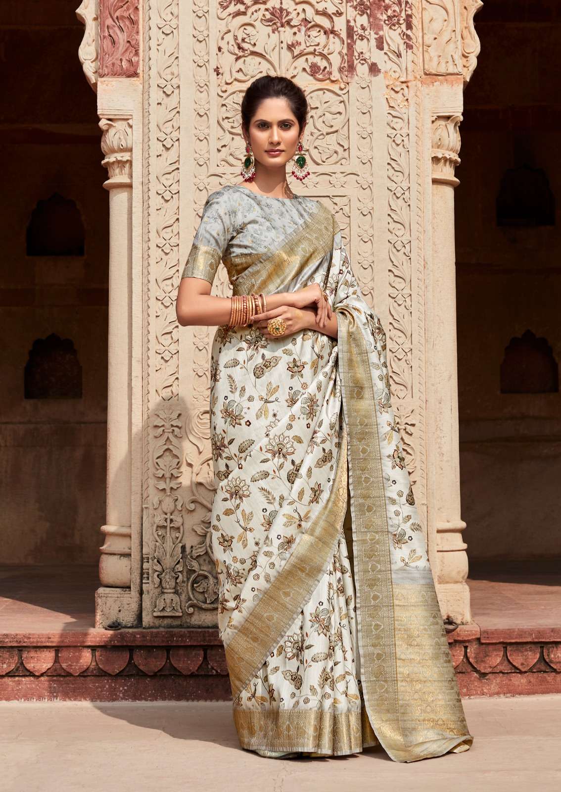 DESIGNER FANCY WEDDING PARTY WEAR WHITE INDIAN SILK SAREE SM RJPT KAVYA 250007