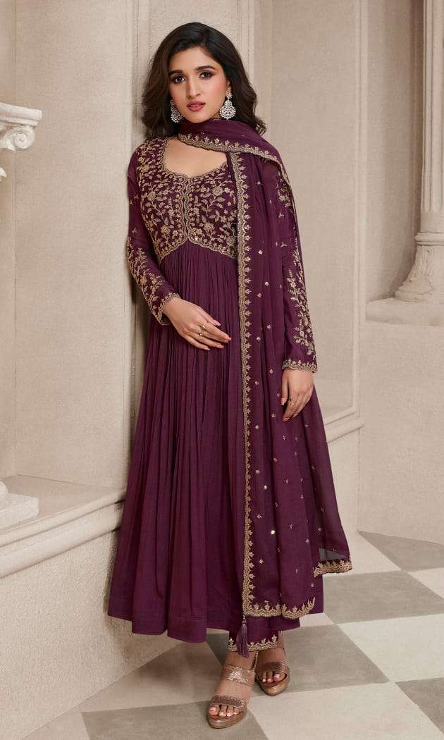 DESIGNER FANCY WEDDING PARTY WEAR WINE CHINON SILK NAYRA CUT SALWAR SUIT ONLINE NVN VINAY SABINA 66572