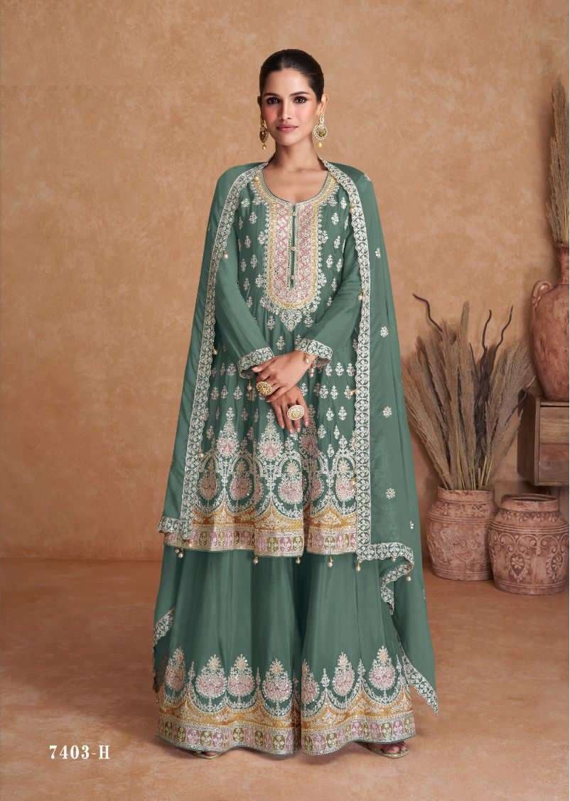 DESIGNER INDIAN PAKISTANI WEDDING PARTY WEAR GREEN REAL CHINON FANCY SHARARA SALWAR SUIT DRESS GL 7309 H