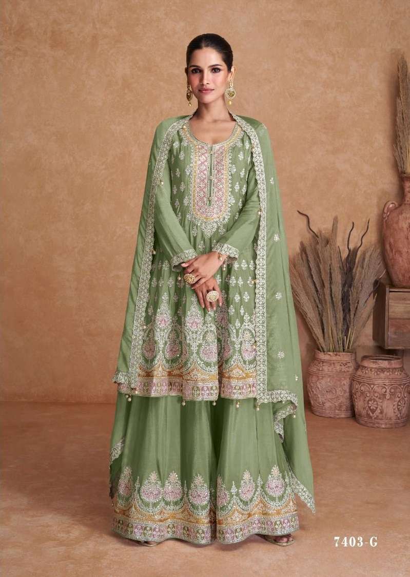 DESIGNER INDIAN PAKISTANI WEDDING PARTY WEAR PISTA REAL CHINON FANCY SHARARA SALWAR SUIT DRESS GL 7309 G