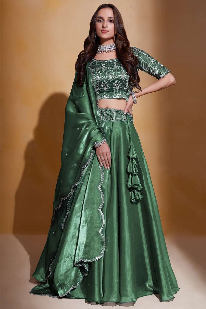 DESIGNER INDIAN PARTY WEAR HEAVY INDIAN GREEN ORGANZA SILK LEHENGA CHOLI AHVN GULKANYA 7201