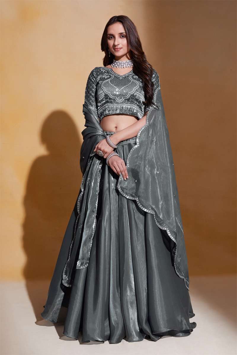 DESIGNER INDIAN PARTY WEAR HEAVY INDIAN GREY ORGANZA SILK LEHENGA CHOLI AHVN GULKANYA 7203